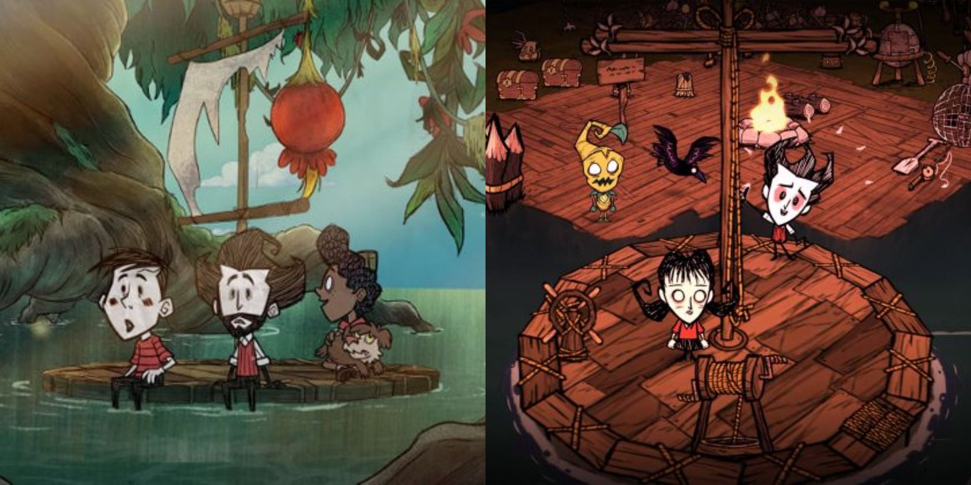 Split image showing characters from Don't Starve Together exploring a cave and on a boat in Waterlogged