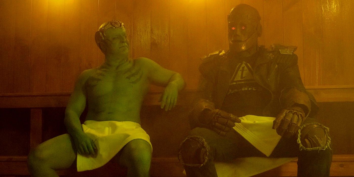 Doom Patrol season 3 image of Garguax and Robotman in sauna