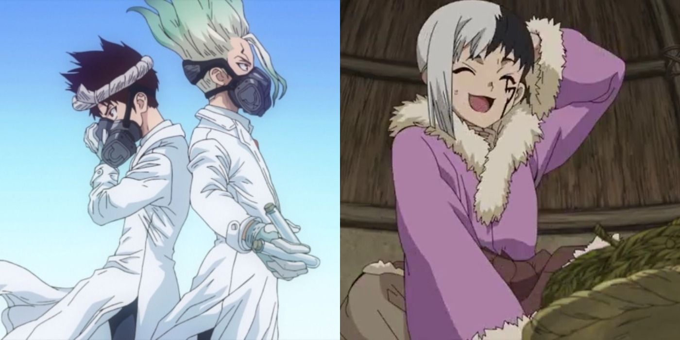 Split image of characters from the Dr Stone anime adaptation.