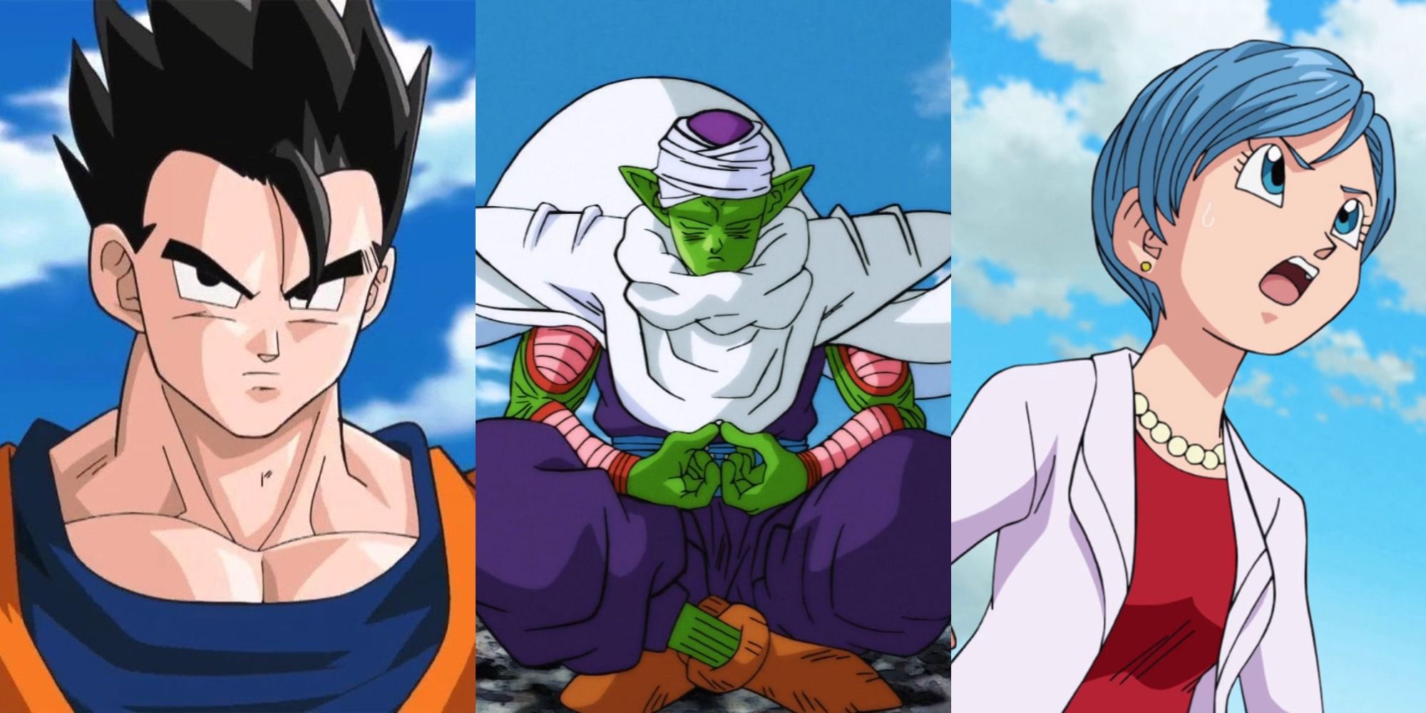 Split image of Gohan, Piccolo, and Bulma in Dragon Ball