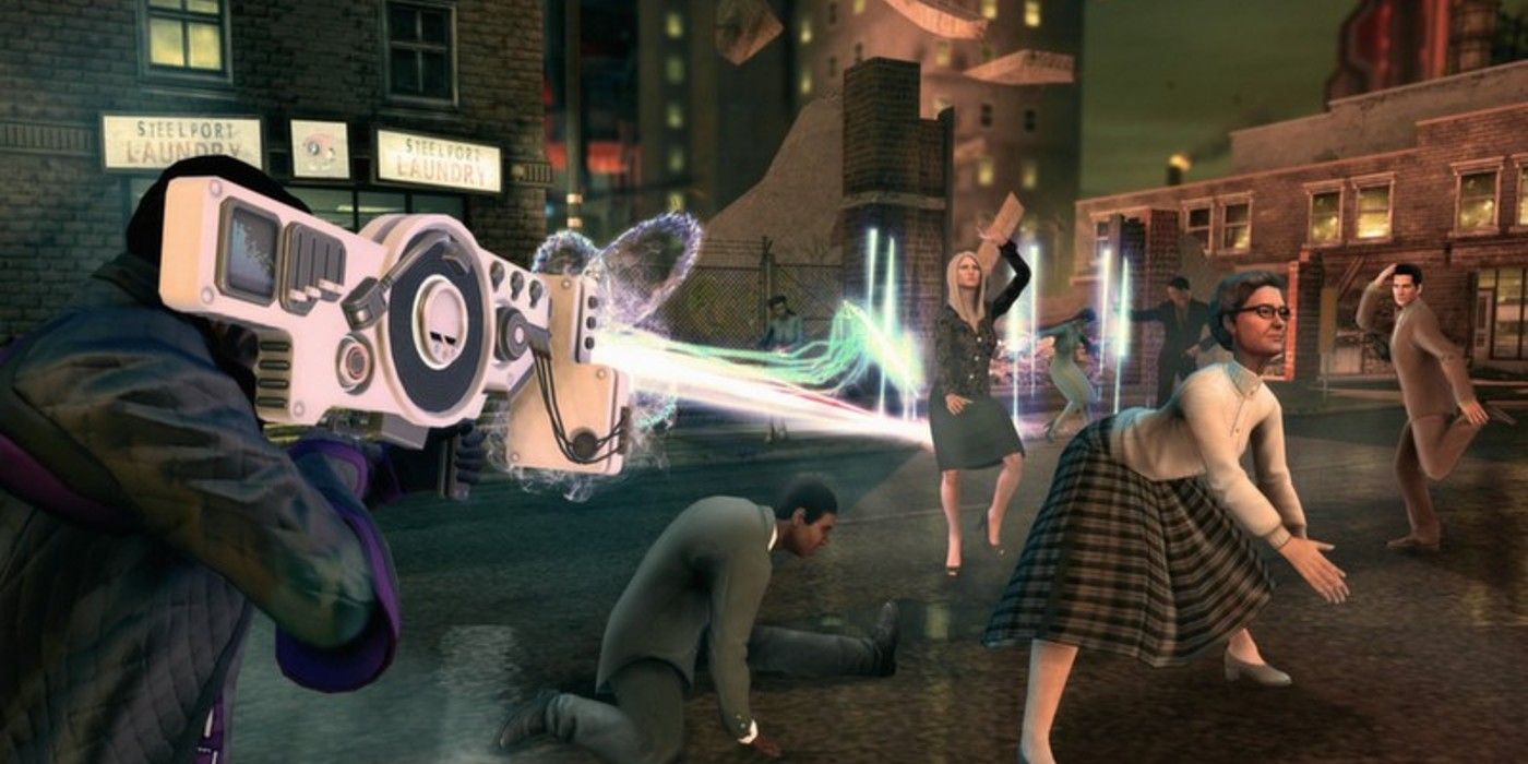 The enemy dances as the player fires the dubstep gun in Saints Row IV.