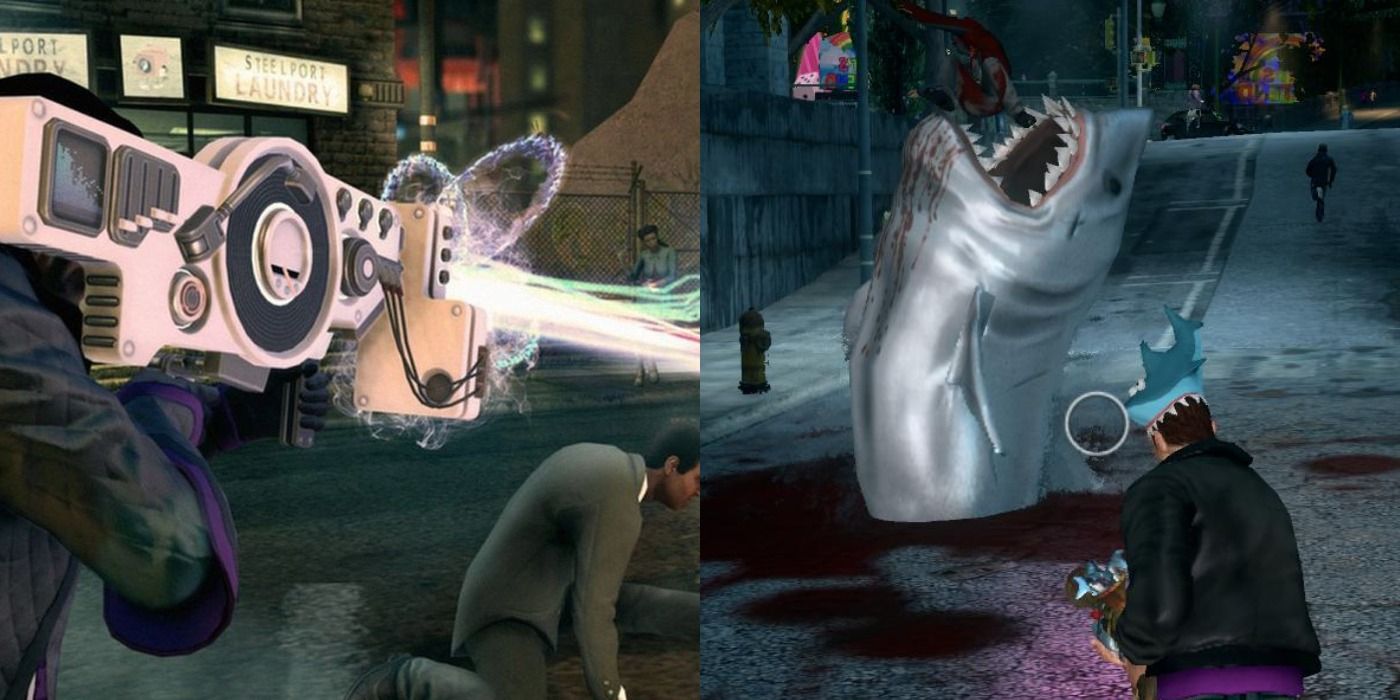 A split image showing the Dubstep Gun and Shark-O-Matic weapons in Saints Row IV and Saints Row: The Third, respectively.