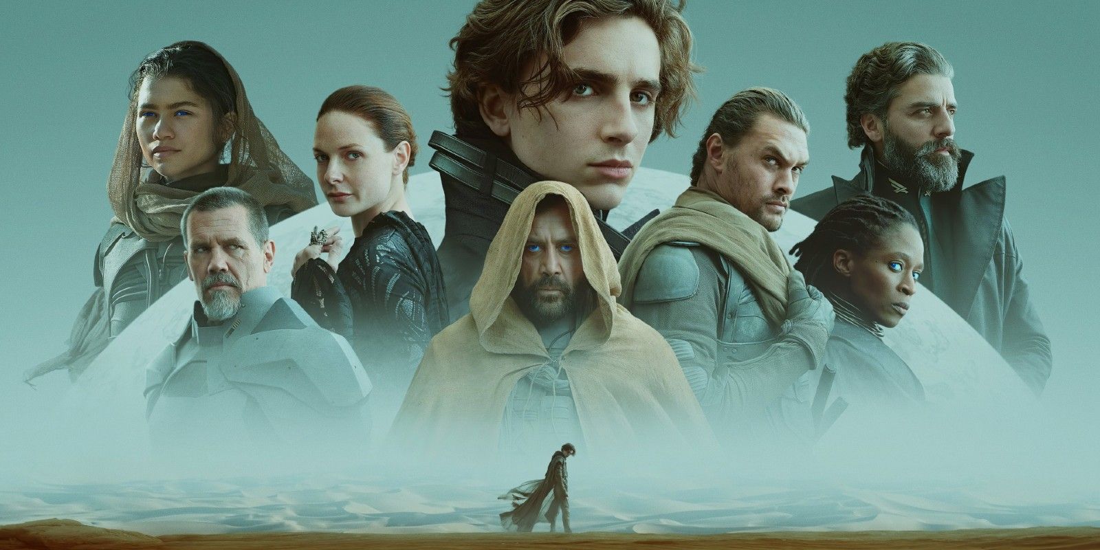 The cast of Dune (2021) on a promotional image for the film