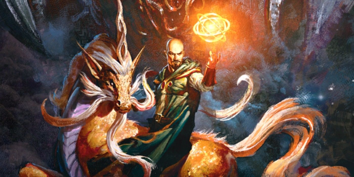 Dungeons & Dragons Mordenkainen Multiverse Cover showing a wizard atop a draconic steed.