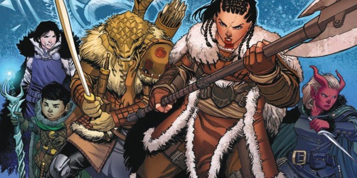 A band of warriors are ready for a quest carrying their weapons in IDW's Dungeons and Dragons comics