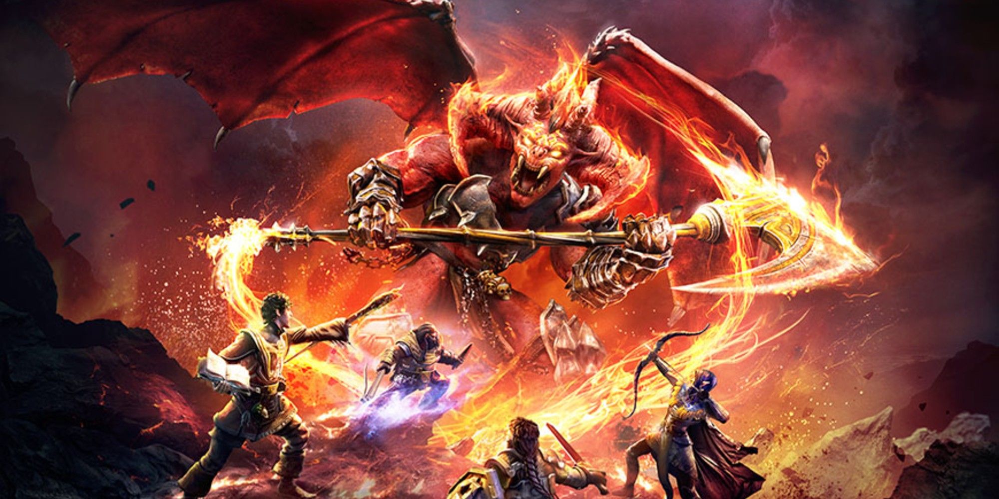 A DnD party battling a fiery beast wielding a giant, molten axe.