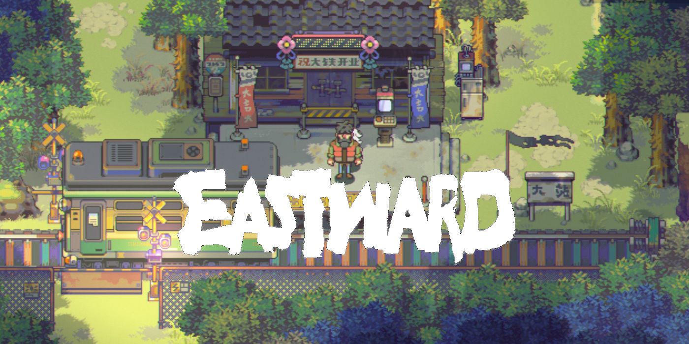 A top-down view of a retro-styled village and the words &quot;Eastward.&quot;