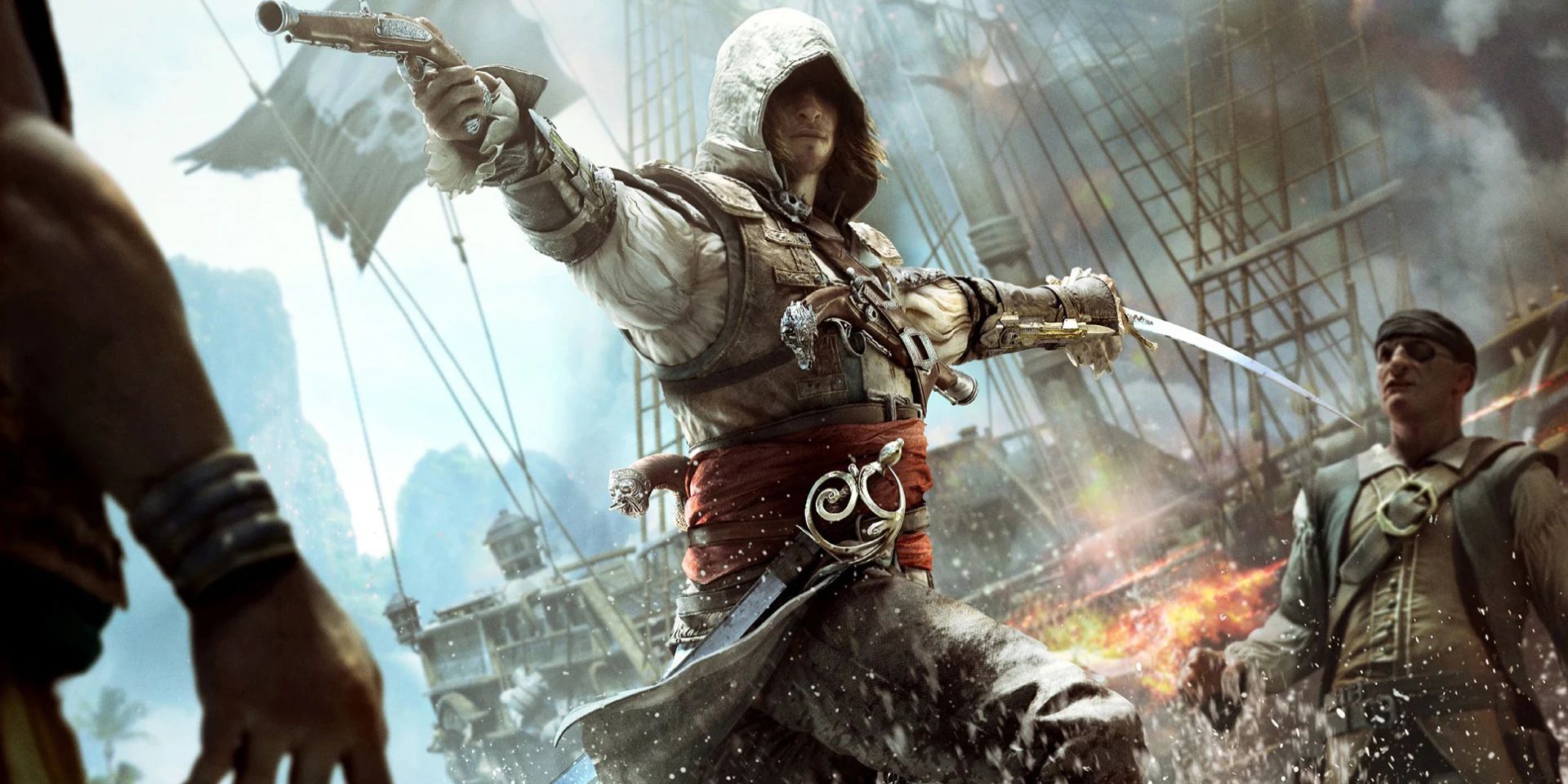 Edward Kenway aims his pistol and his sword at enemies in Assassin's Creed 4: Black Flag.