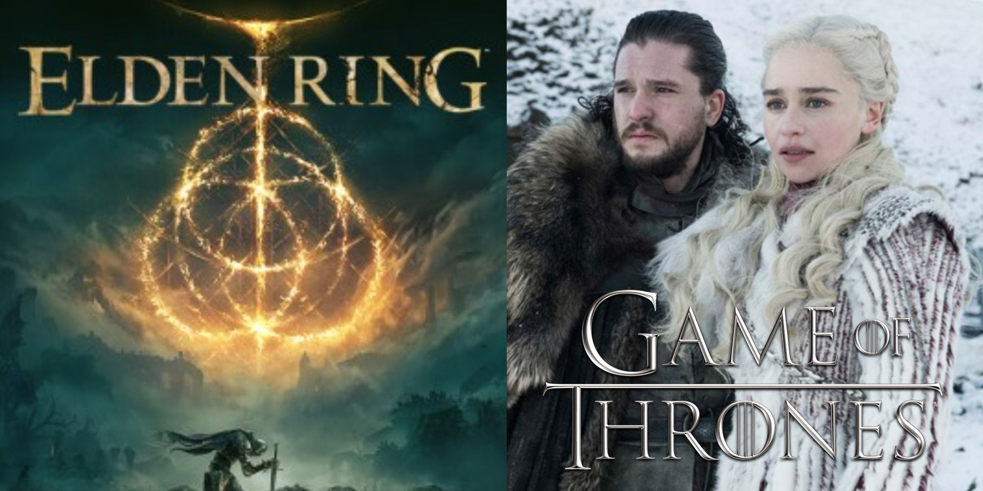 Elden Ring box art and Khaleesi and Jon Snow from Game of Thrones