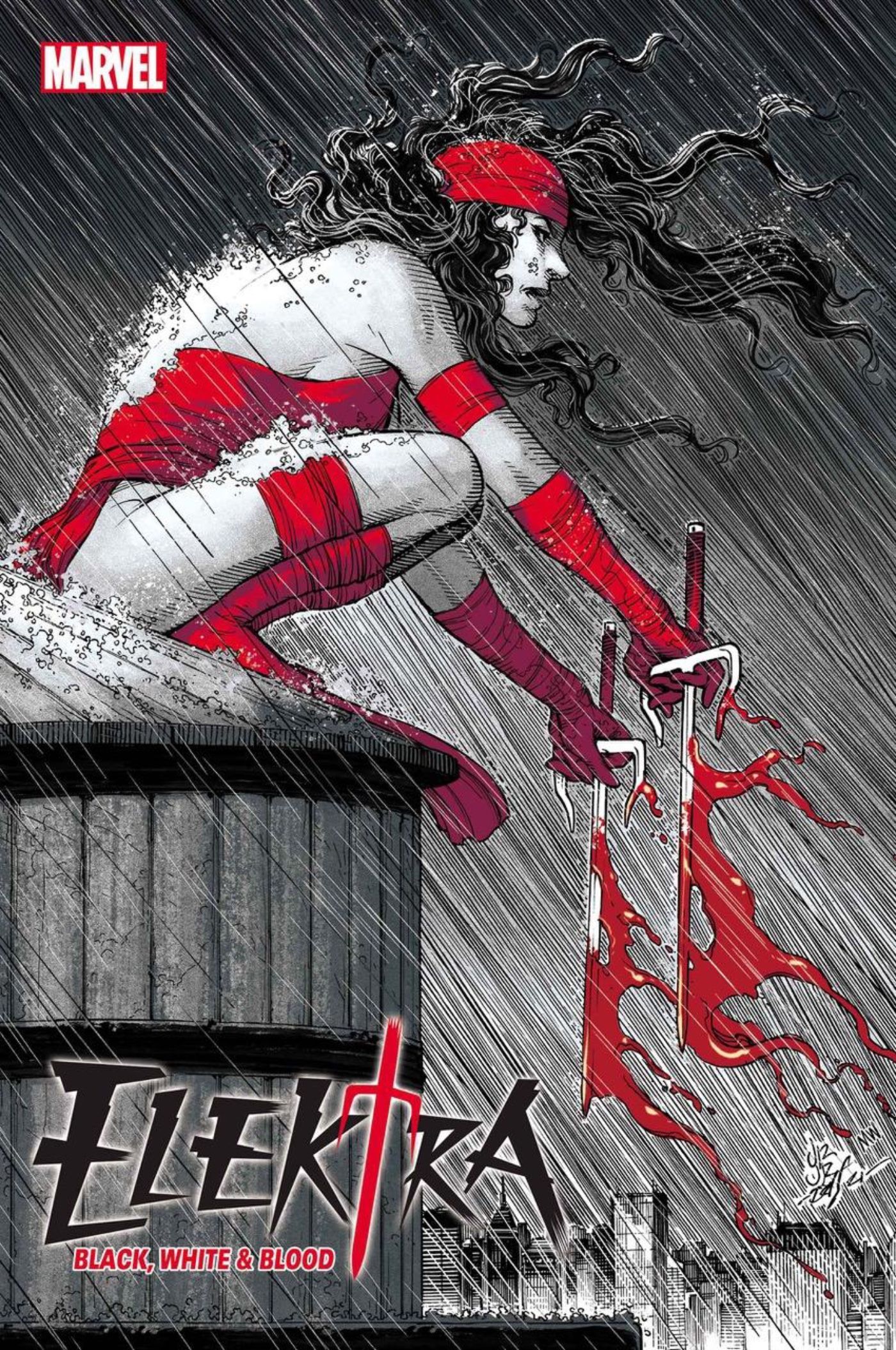 Elektra sitting atop a water tower drenched in rain