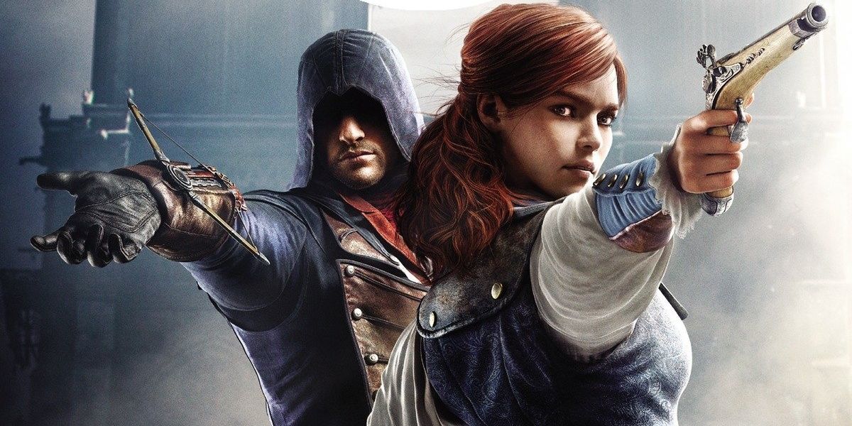 Elise pointing a gun and Arno pointing a hand bow on the cover of Assassin's Creed Unity 