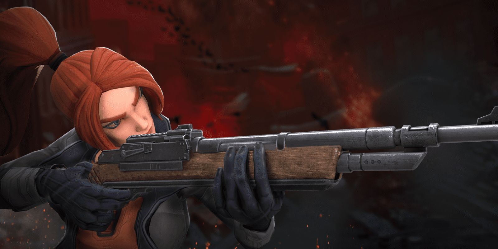 Elsa Bloodstone aiming down the sights of her rifle in Marvel Strike Force