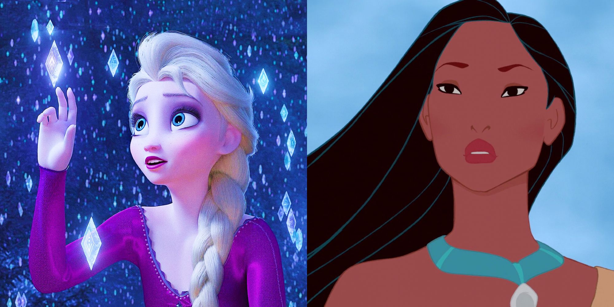 Split image: Elsa touching some sparkly thing, Pocahontas looking stoic