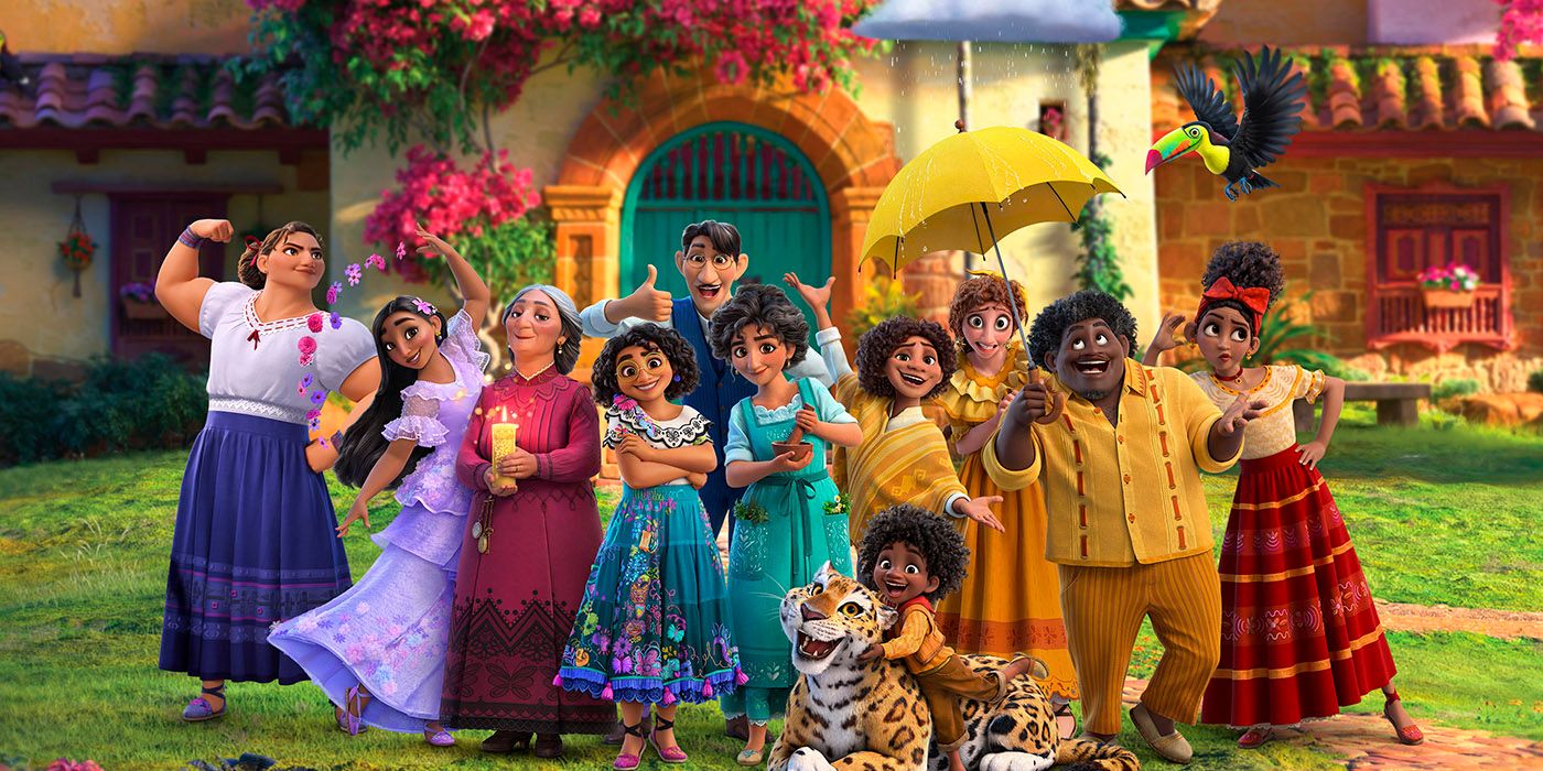 O elenco de Encanto posa para uma foto ao ar livre no Disney's Encanto.