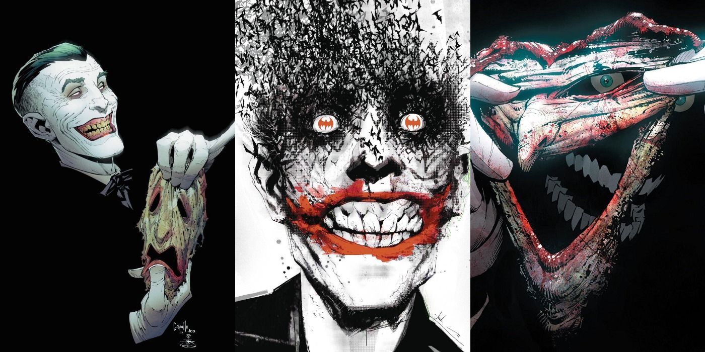Split image of Joker on the covers of Endgame, The Black Mirror, and Death of the Family.