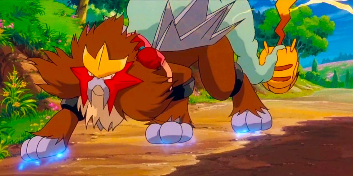 Entei walks on the earth making blue footprints in the Pokemon anime.