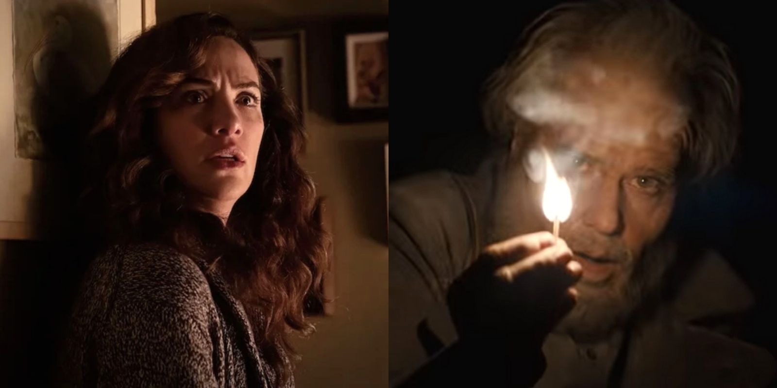 Split image of Erin Greene looks on in horror and Monsignor Pruitt lights a match in Midnight Mass.
