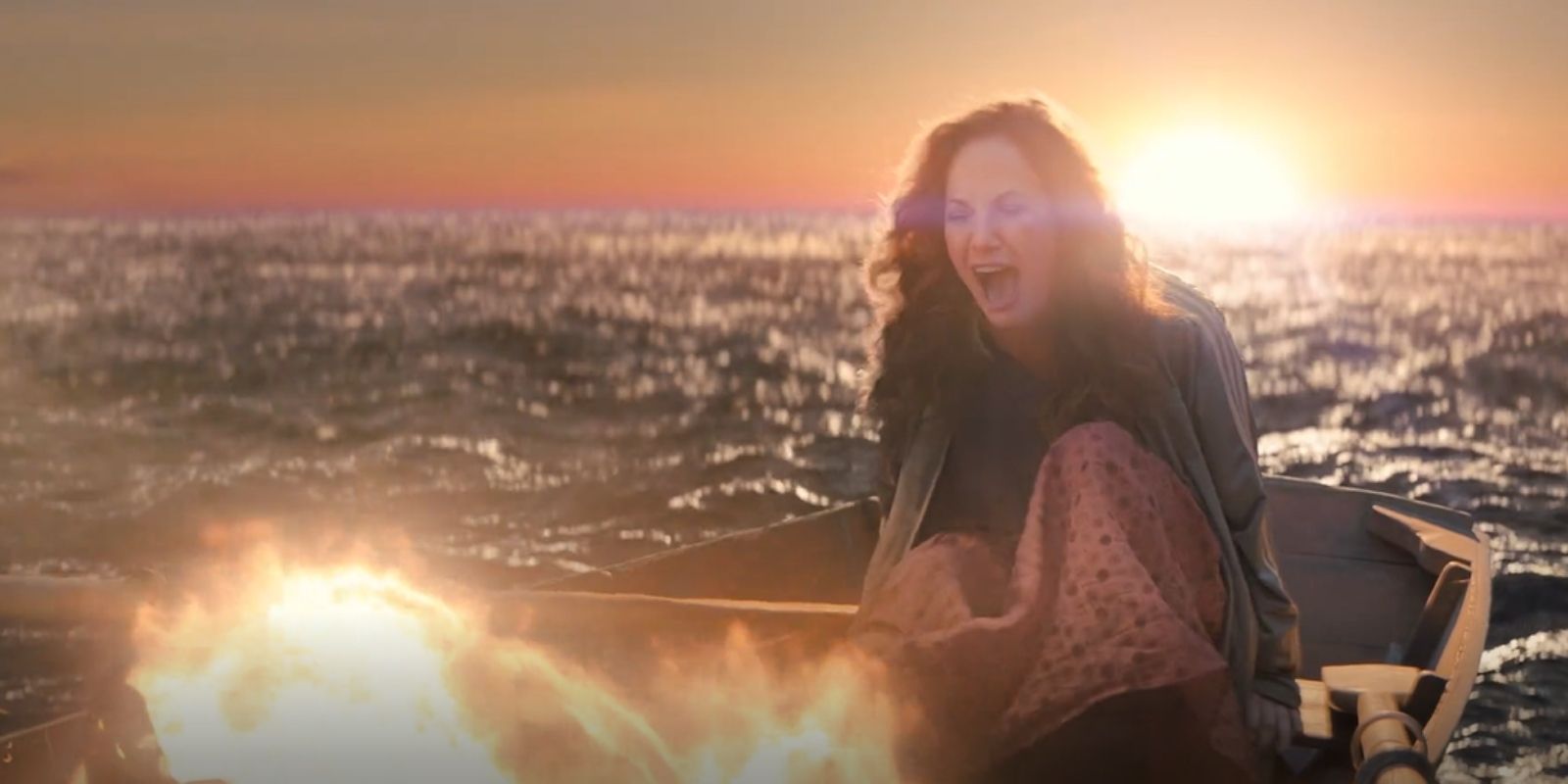 Erin Greene screams while watching Riley Flynn burn to deathon a boat in Midnight Mass.