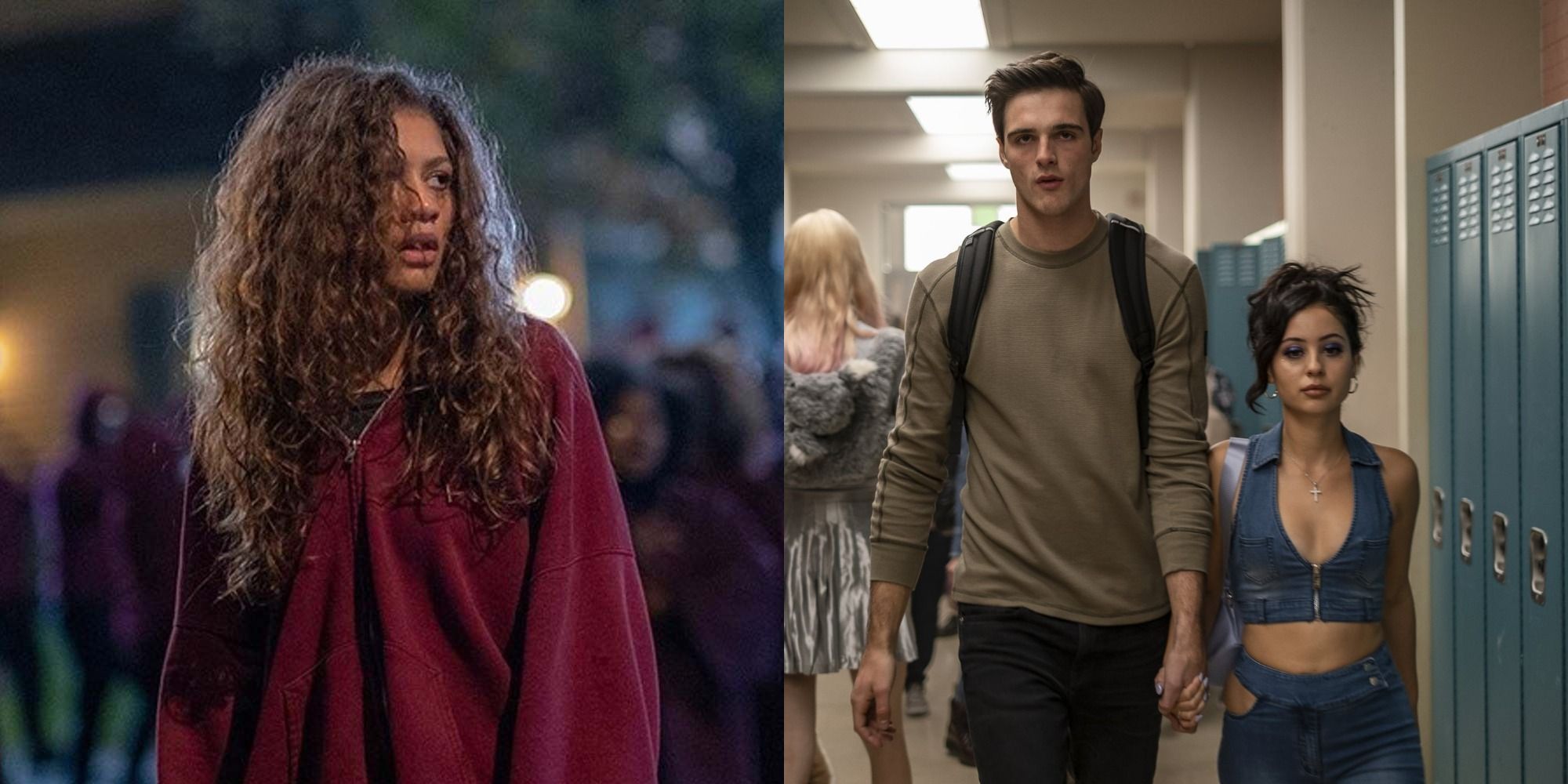 Split image of Rue in a hoodie and Nate walking with Maddy