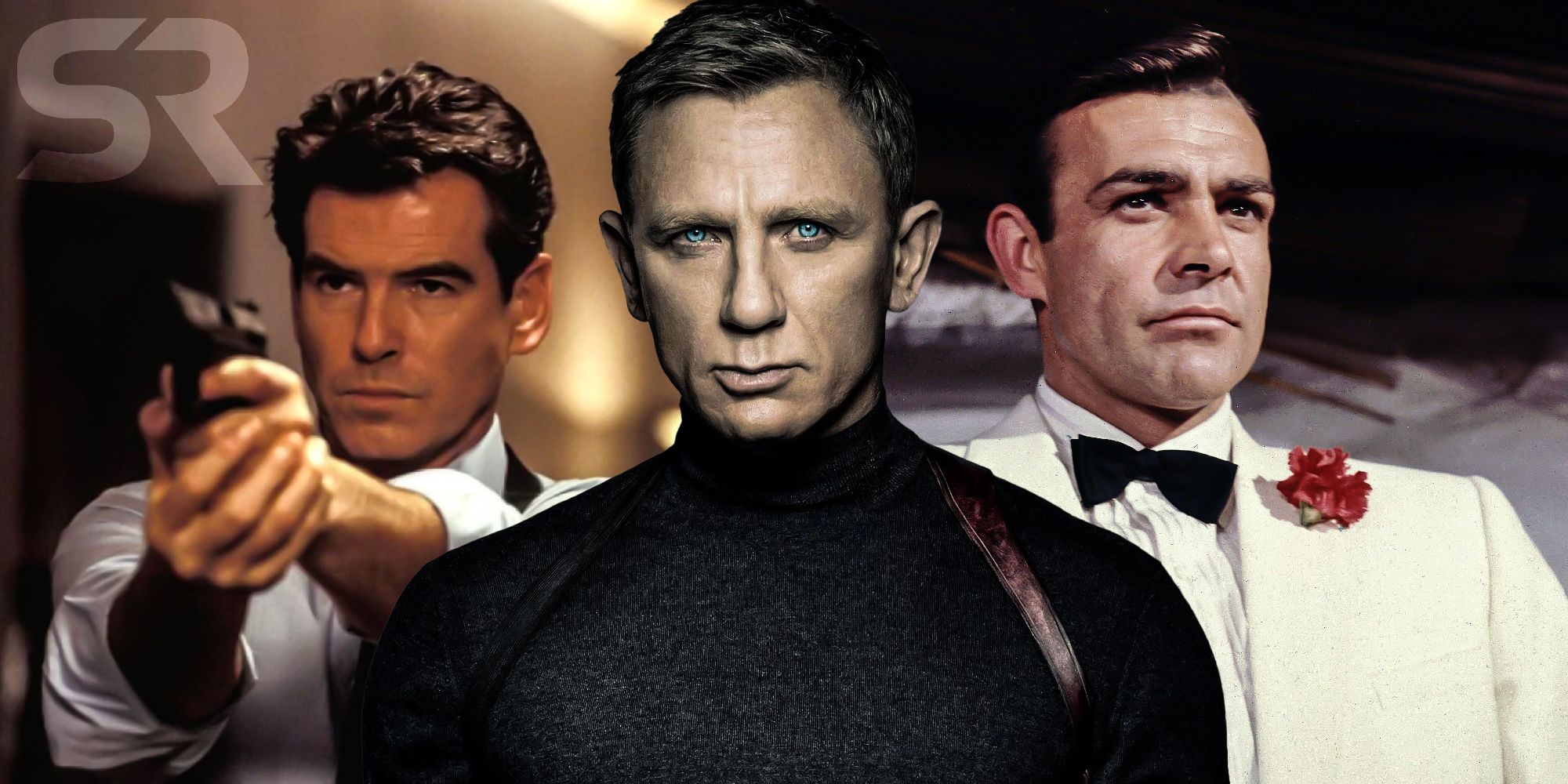 Blended image of Pierce Brosnan, Daniel Craig, and Sean Connery in James Bond films.