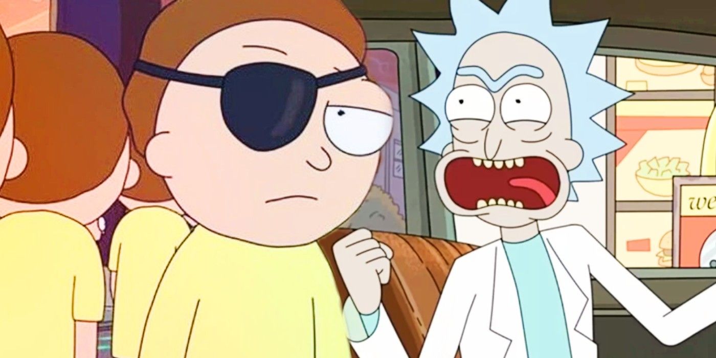 Evil Morty looks askance as Rick hollers on Rick and Morty
