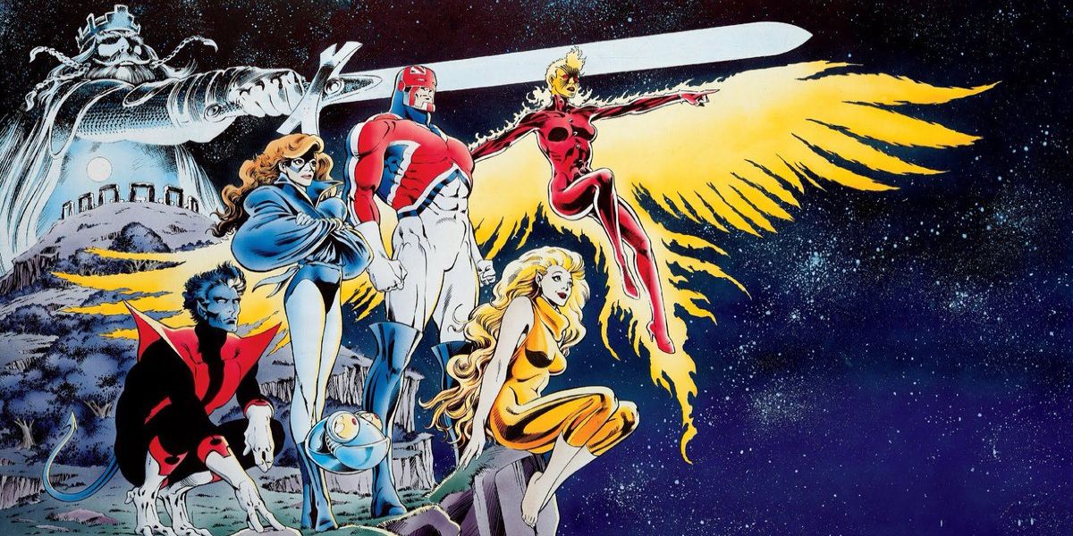 The team Excalibur stands on a cliff at night in Marvel Comics.