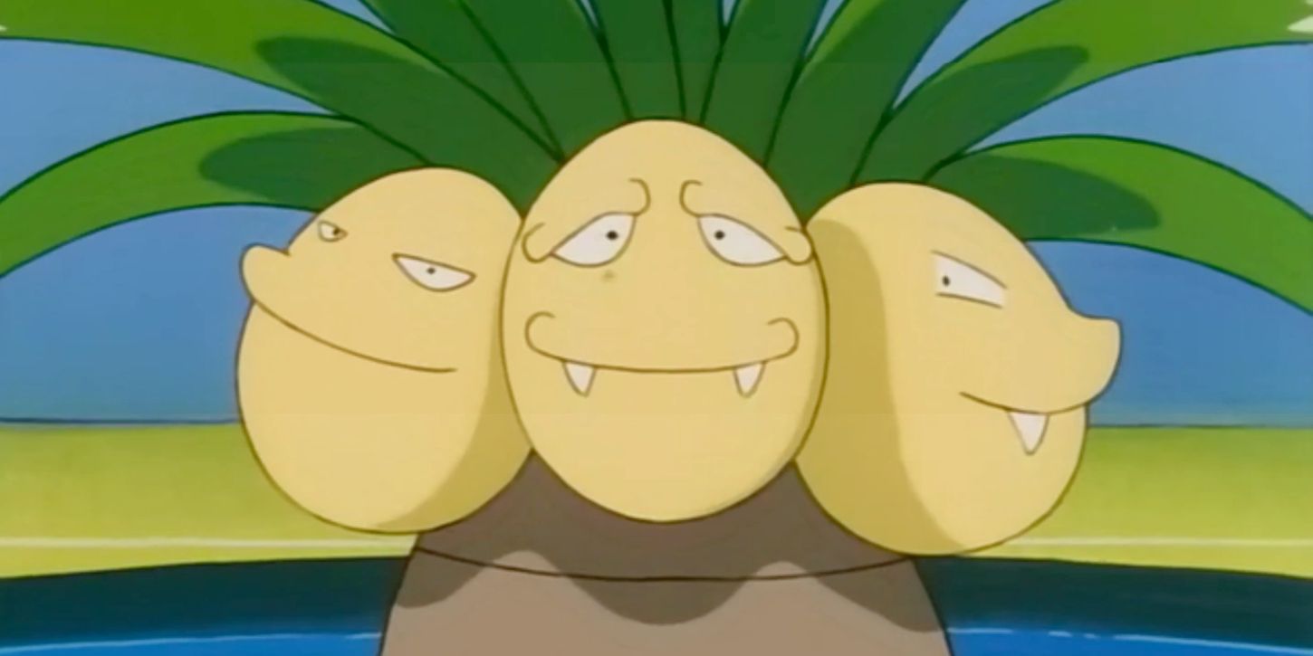 Exeggutor smiles with its three heads in the Pokemon anime.