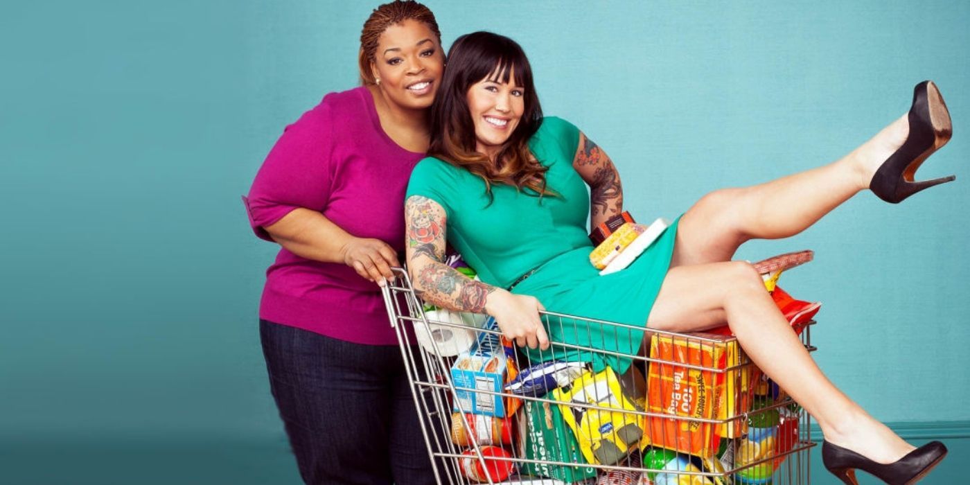 Two women posing for a poster for the TLC show Extreme Couponing