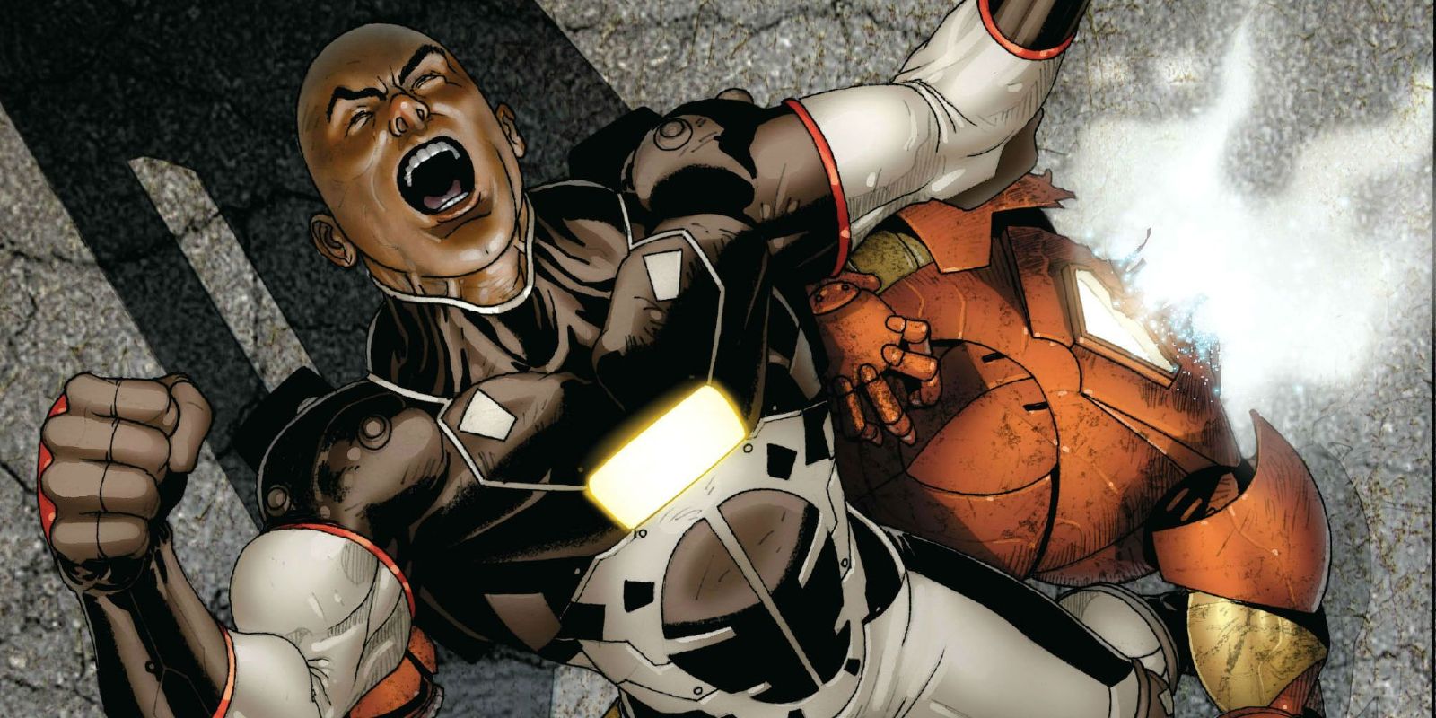 Ezekial Stane standing over a destroyed Iron Man suit in Marvel comics