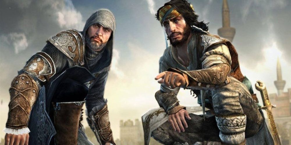 Ezio and Yusuf crouch in Assassin's Creed Revelations