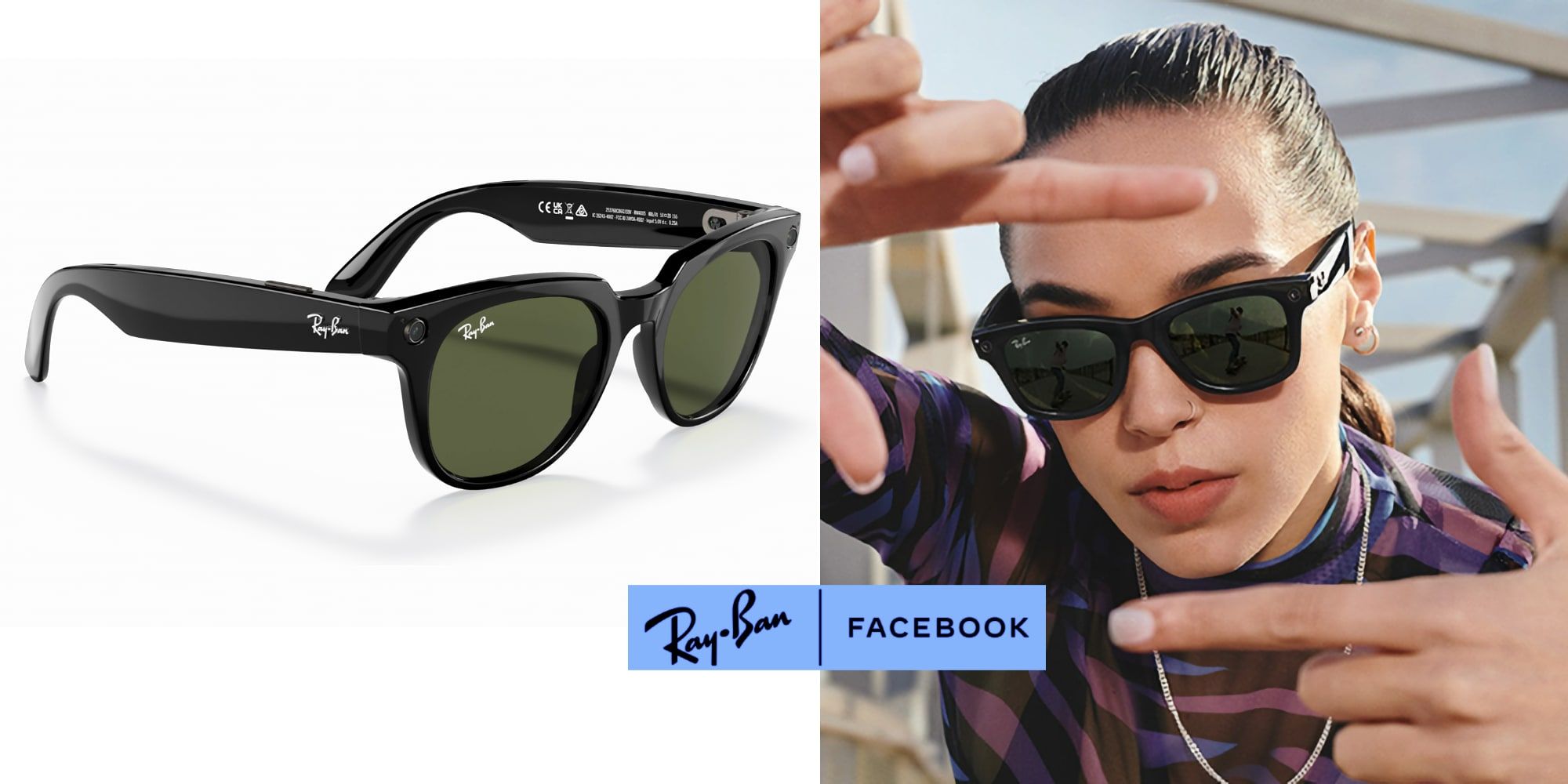 Facebook Ray Ban Stories Smart Glasses Beside Model Pointing To Facebook Logo