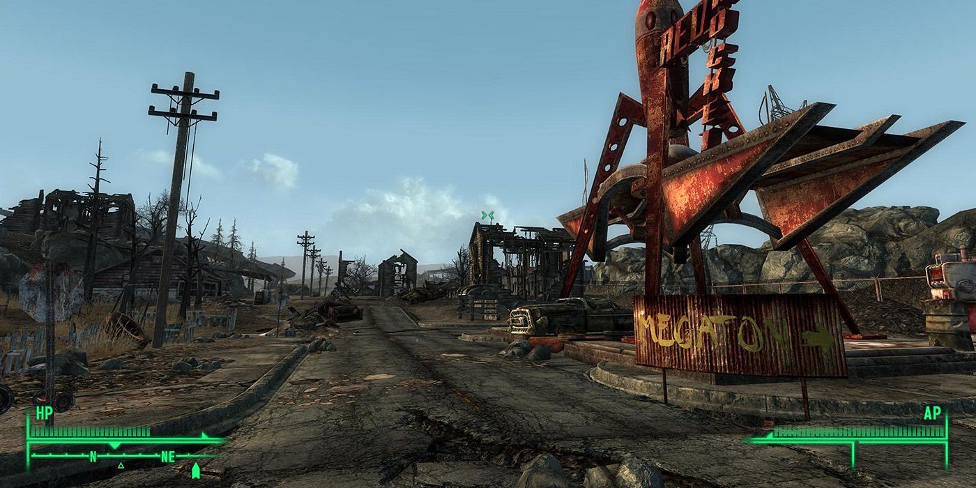 A wide shot of an abandoned Red Rocket in Fallout 3