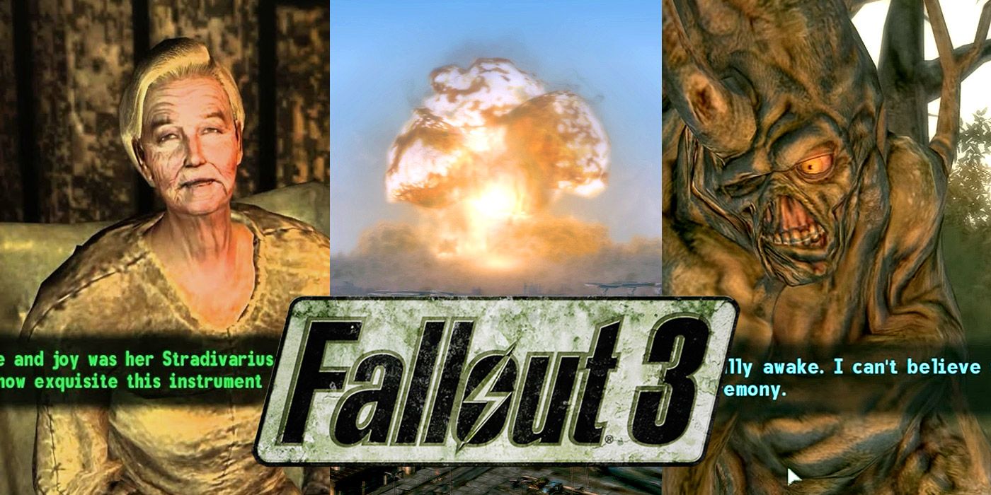 Split image of Agatha, a nuclear explosion and a mutated tree in Fallout 3