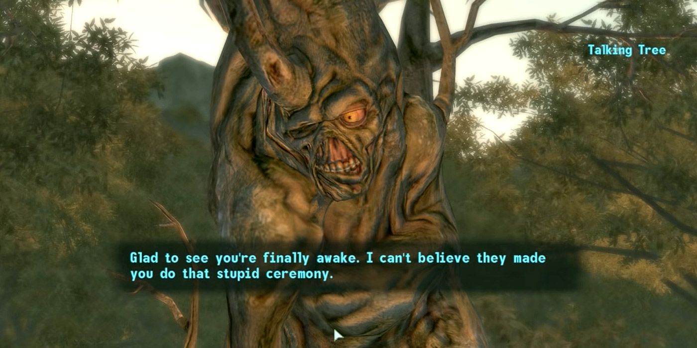 A humanoid talking tree speaks to the player in Fallout 3