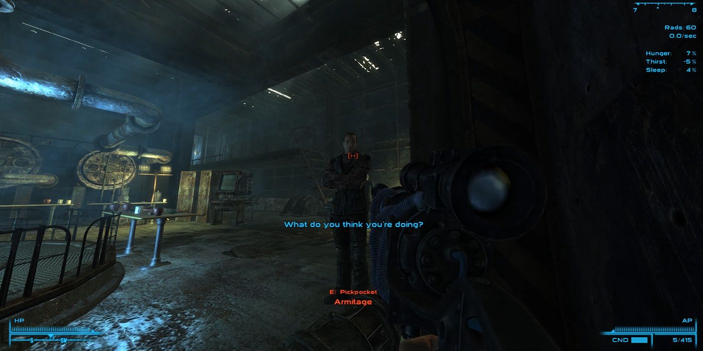 The player aiming a gun at Armitage in Fallout 3