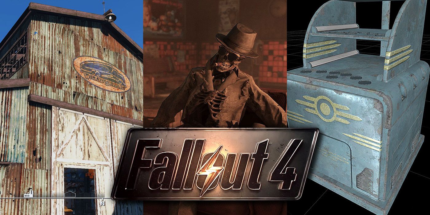 Split image of a Warehouse, a skeleton and a vending machine in Fallout 4
