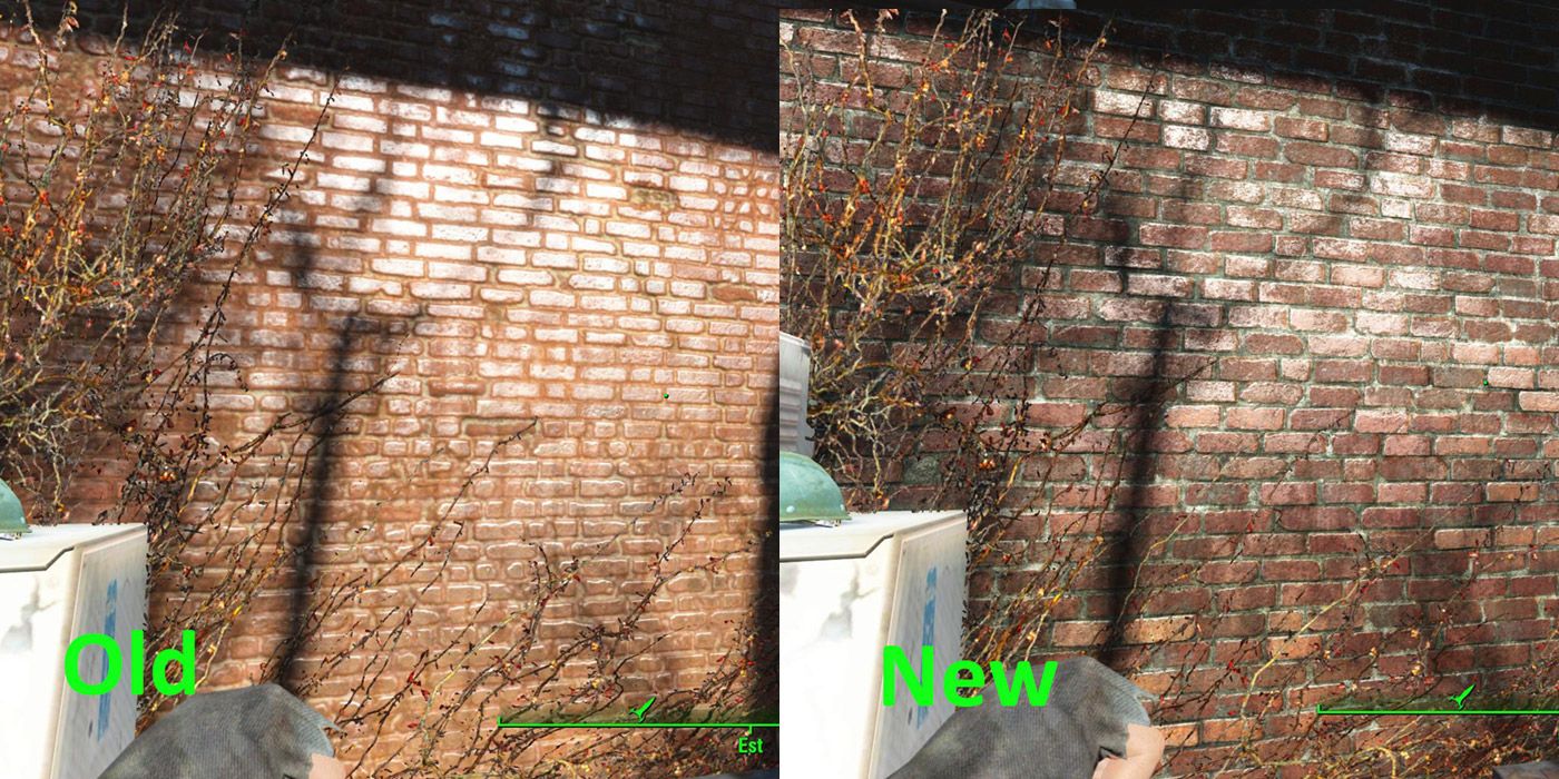 Before/after comparison of a brick wall retexture pack for Fallout 4