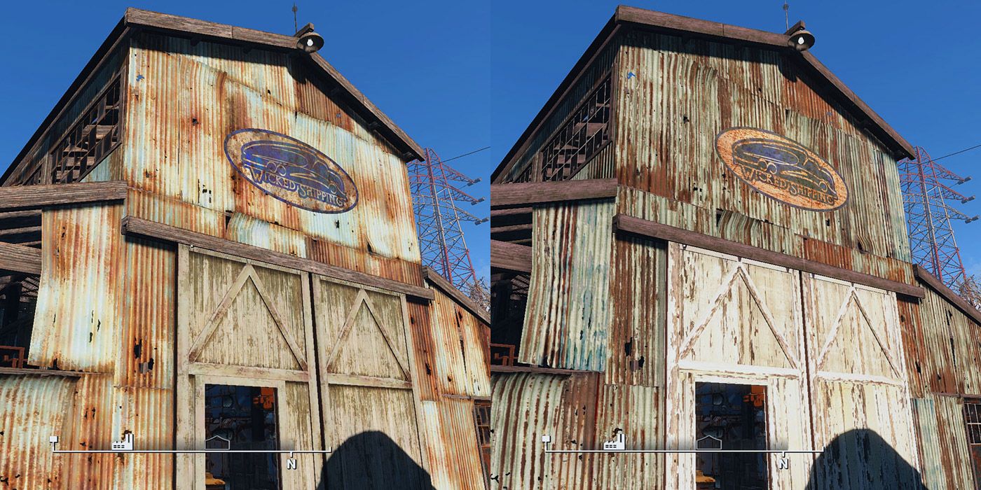 Before/after image of a warehouse retexture mod for Fallout 4