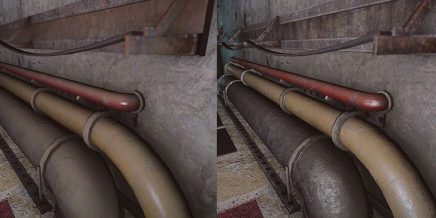 Before/after comparison of a piping texture mod pack for Fallout 4