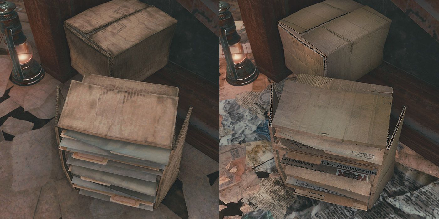 Split image of a clutter retexture mod for Fallout 4