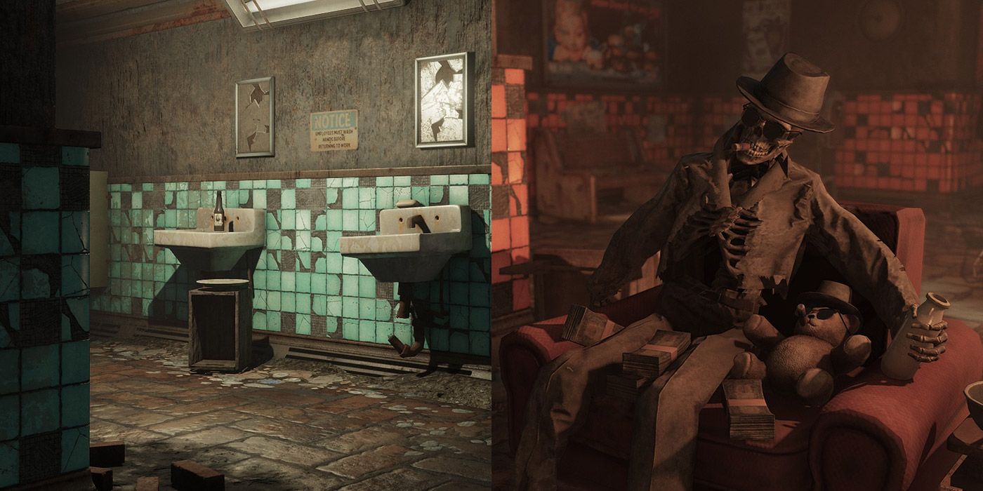Split image of a subway restroom, and a dead skeleton in a chair in Fallout 4