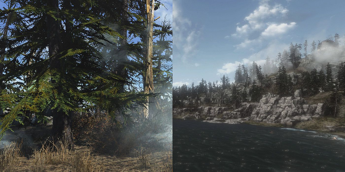 Split image of a pine tree overhaul mod for Fallout 4