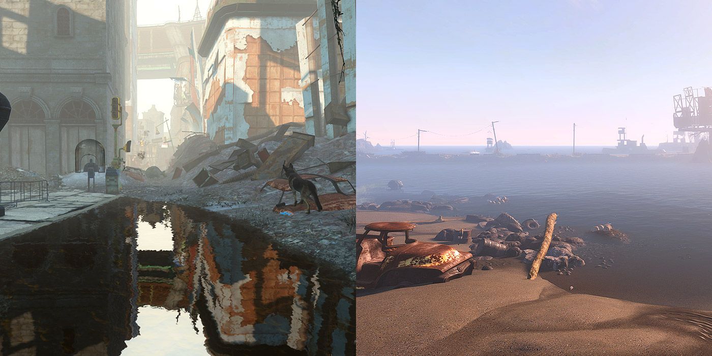 Split image of downtown Boston, and a beach area in Fallout 4