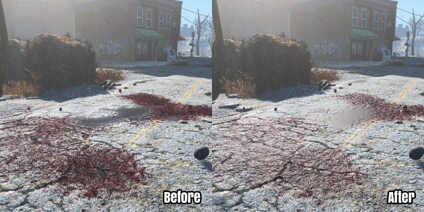 A comparison of a blood texture fix mod for Fallout 4
