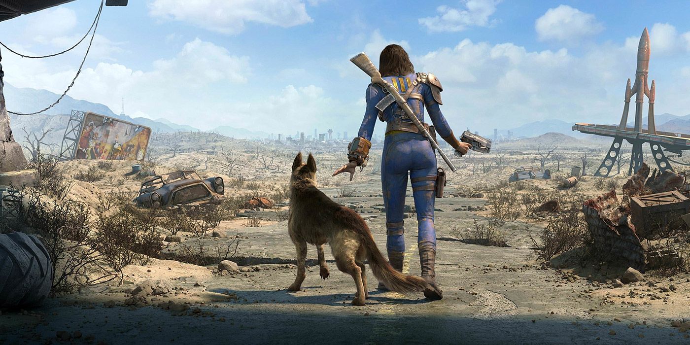 The Vault Dweller walking through the wasteland with her dog in Fallout 4