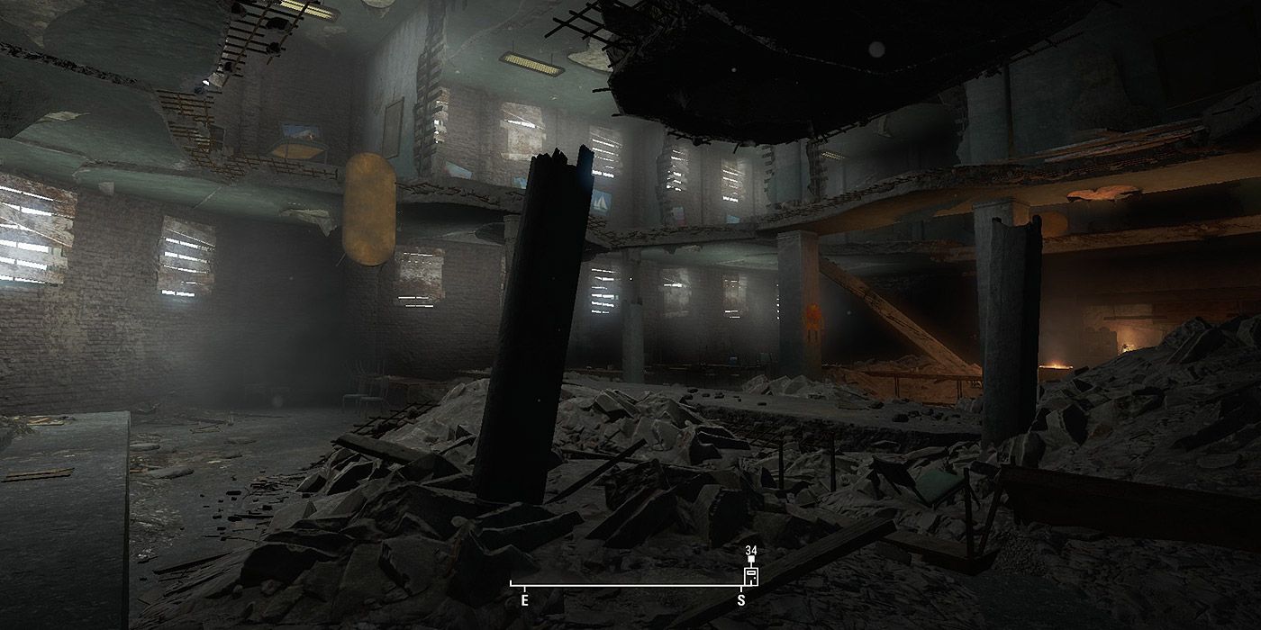 The decayed interior of a Commonwealth building in Fallout 4