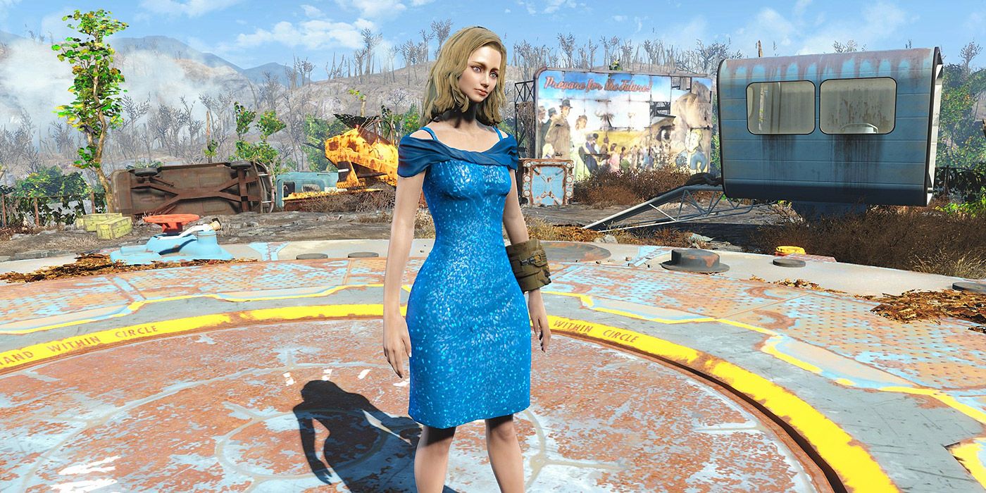 A shot of the Vault Dweller in a blue dress from Fallout 4