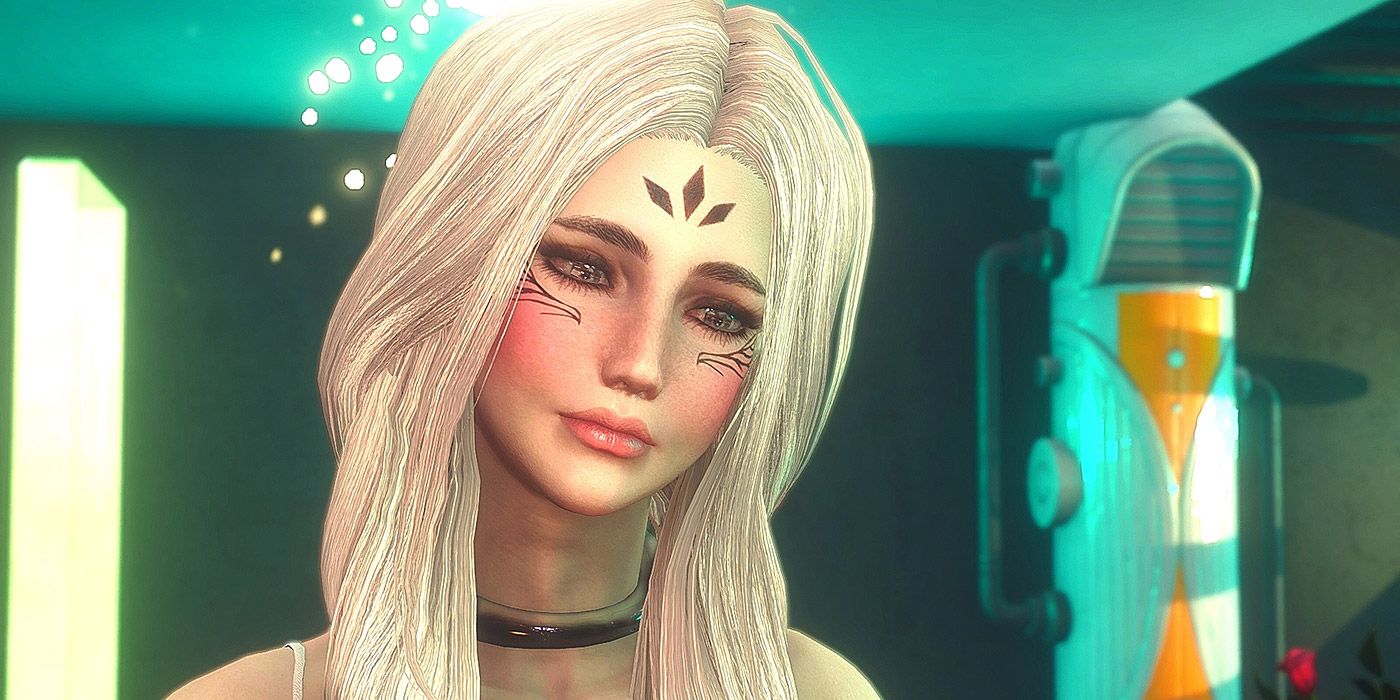 A shot of a pretty girl with facial tattoos in Fallout 4
