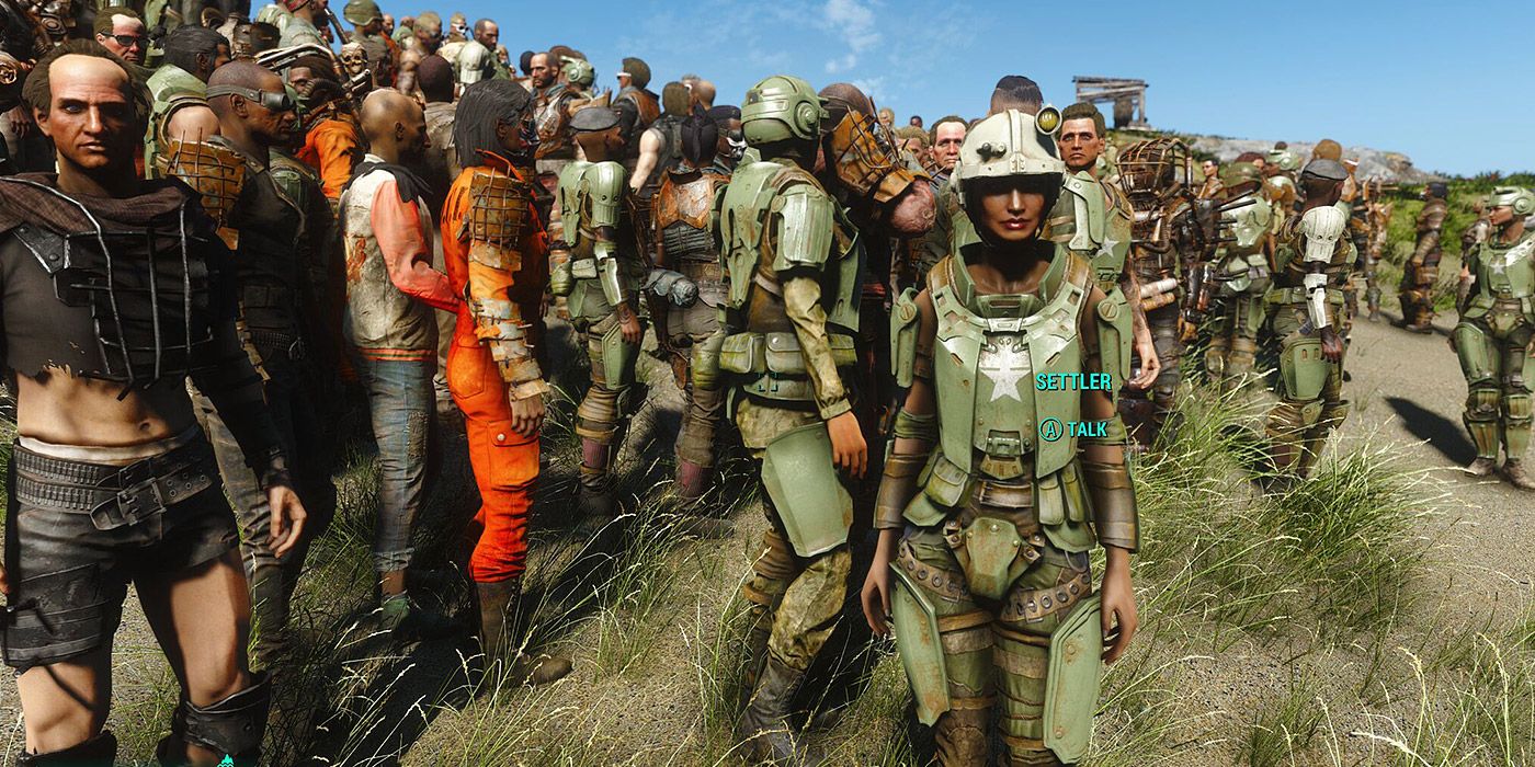 A hillside full of custom NPC characters in Fallout 4