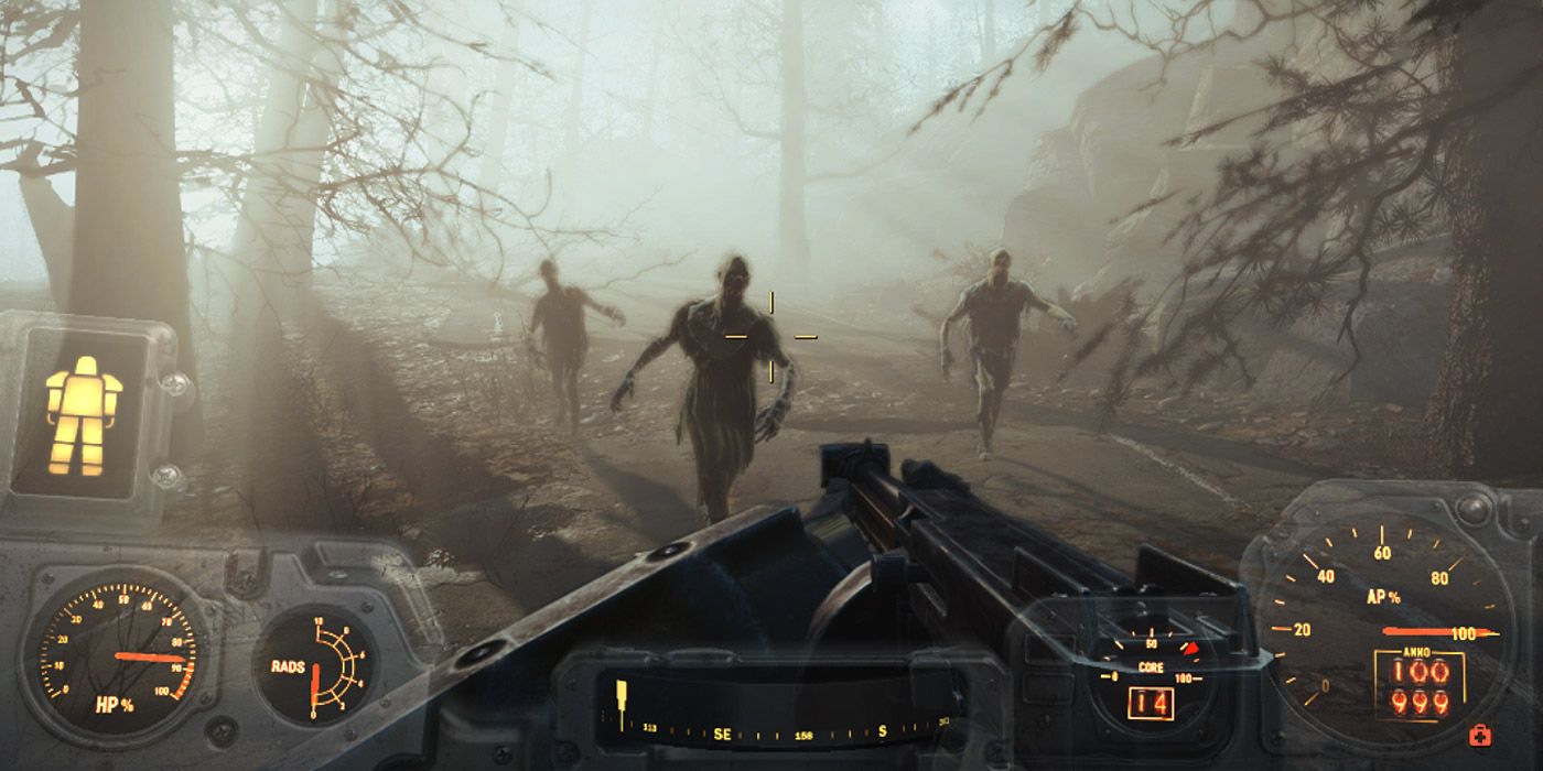 A player in power armor being chased by Feral Ghouls in Fallout 4